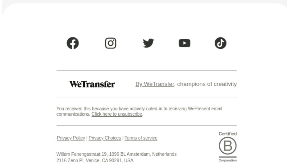 WeTransfer's social media channels icons in their website's footer